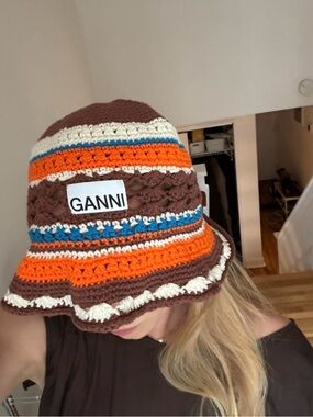 Ganni Brown, Orange, Cream & Blue Crochet Bucket Hat